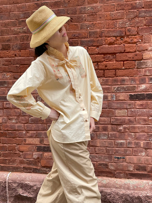 Remi - Ruffle and Ribbon Neck Blouse with Panel Art Print - Hazel