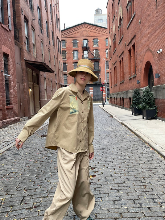 Oaklee - Open Collar Shirt Jacket with Japanese Old Art Print - Pear