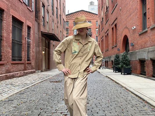 Oaklee - Open Collar Shirt Jacket with Japanese Old Art Print - Pear