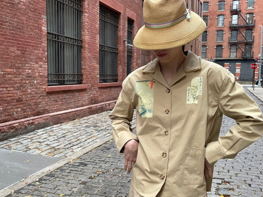 Oaklee - Open Collar Shirt Jacket with Japanese Old Art Print - Pear