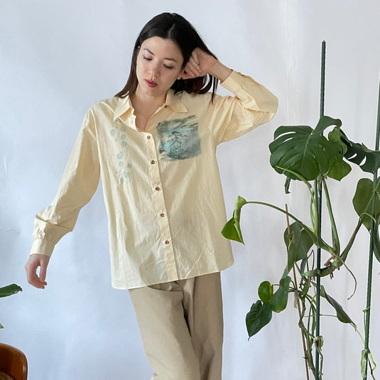 Willa - Pointed Collar Shirt with Asian Painting Print - Hazel