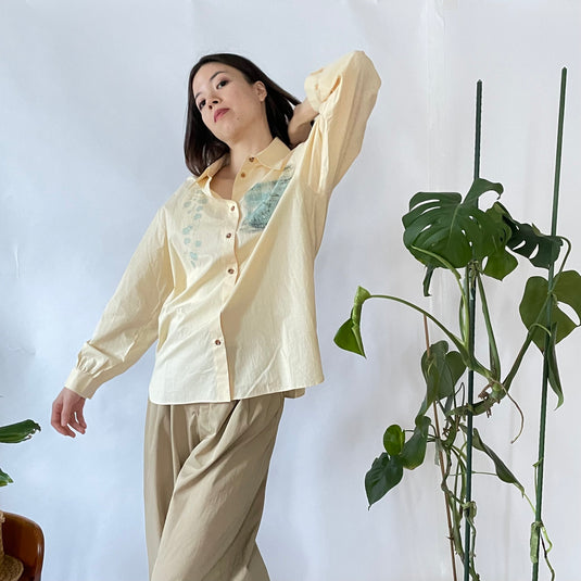 Willa - Pointed Collar Shirt with Asian Painting Print - Hazel