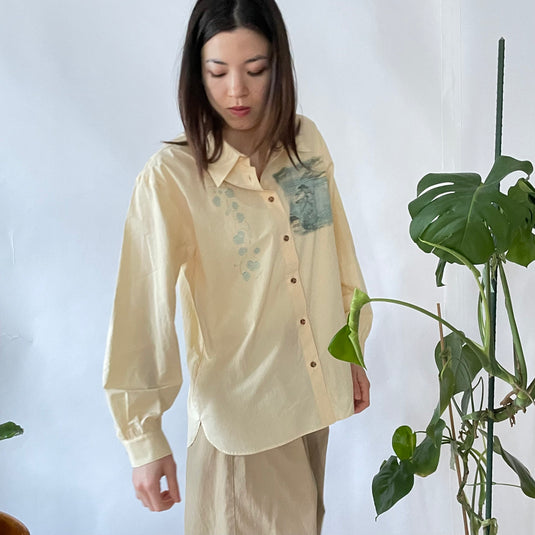 Willa - Pointed Collar Shirt with Asian Painting Print - Hazel
