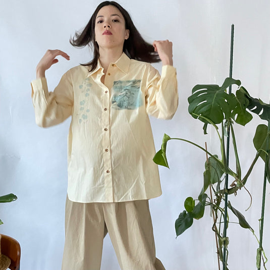 Willa - Pointed Collar Shirt with Asian Painting Print - Hazel