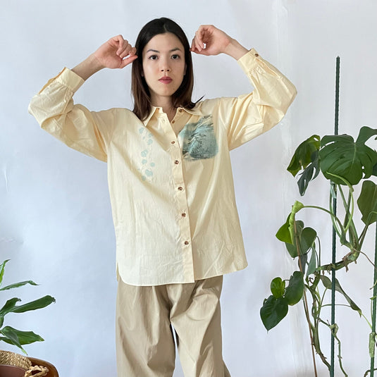 Willa - Pointed Collar Shirt with Asian Painting Print - Hazel