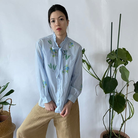 Claire - Ruffle and Ribbon Neck Blouse with Morning Glory Flower Print - Aqua