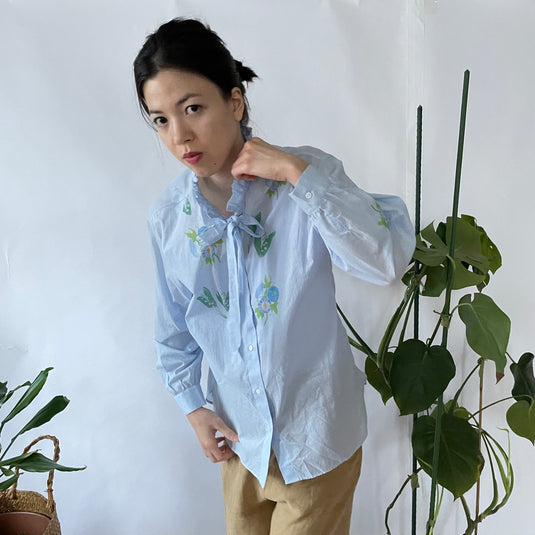 Claire - Ruffle and Ribbon Neck Blouse with Morning Glory Flower Print - Aqua