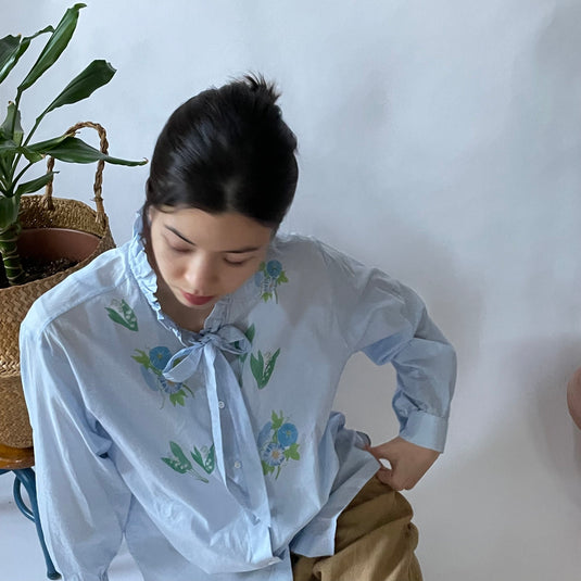 Claire - Ruffle and Ribbon Neck Blouse with Morning Glory Flower Print - Aqua