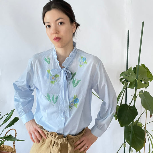 Claire - Ruffle and Ribbon Neck Blouse with Morning Glory Flower Print - Aqua