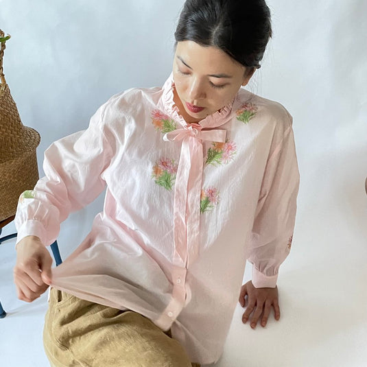 Miley - Ruffle and Ribbon Neck with Cosmos Flower Print - Light Rose