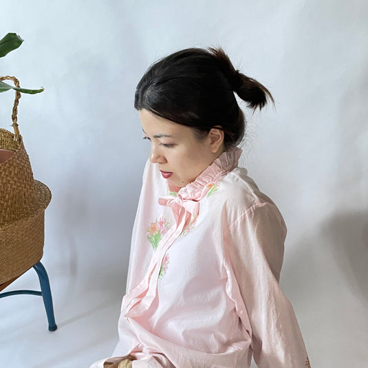 Miley - Ruffle and Ribbon Neck with Cosmos Flower Print - Light Rose