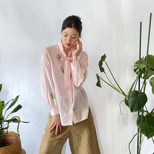 Miley - Ruffle and Ribbon Neck with Cosmos Flower Print - Light Rose