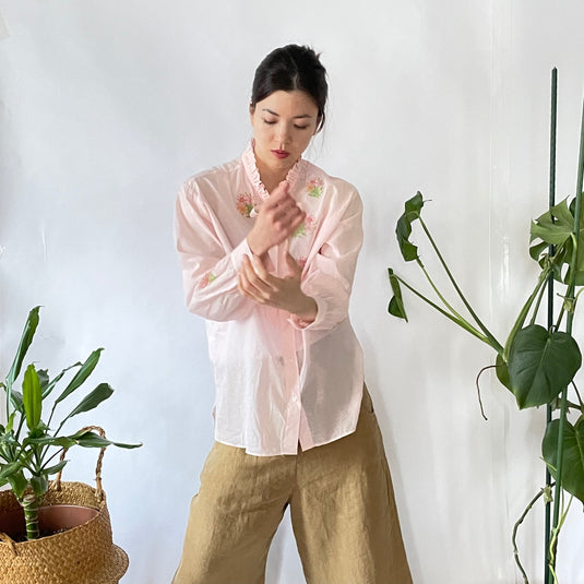 Miley - Ruffle and Ribbon Neck with Cosmos Flower Print - Light Rose