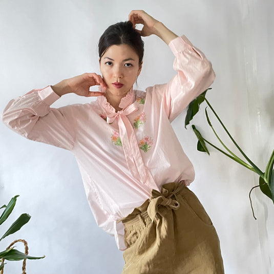 Miley - Ruffle and Ribbon Neck with Cosmos Flower Print - Light Rose