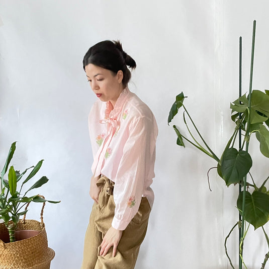 Miley - Ruffle and Ribbon Neck with Cosmos Flower Print - Light Rose