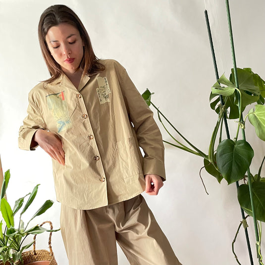 Oaklee - Open Collar Shirt Jacket with Japanese Old Art Print - Pear