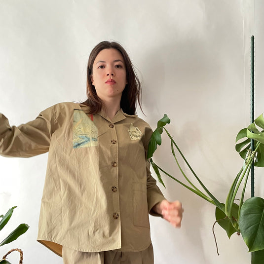 Oaklee - Open Collar Shirt Jacket with Japanese Old Art Print - Pear