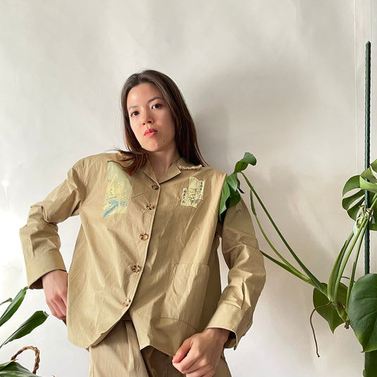 Oaklee - Open Collar Shirt Jacket with Japanese Old Art Print - Pear