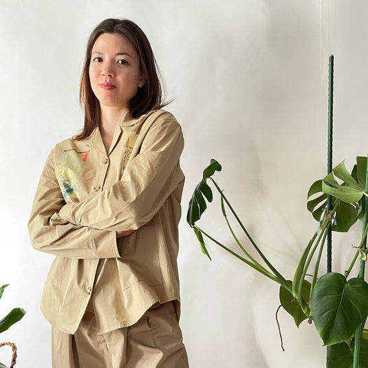 Oaklee - Open Collar Shirt Jacket with Japanese Old Art Print - Pear