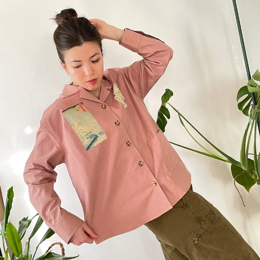 Oaklee - Open Collar Shirt Jacket with Japanese Old Art Print - Old Rose