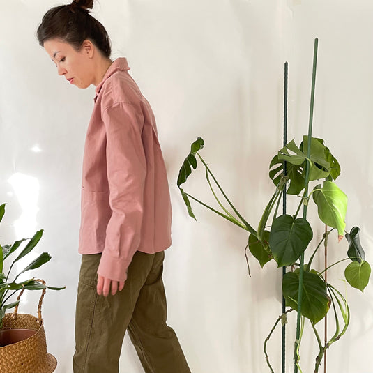 Oaklee - Open Collar Shirt Jacket with Japanese Old Art Print - Old Rose