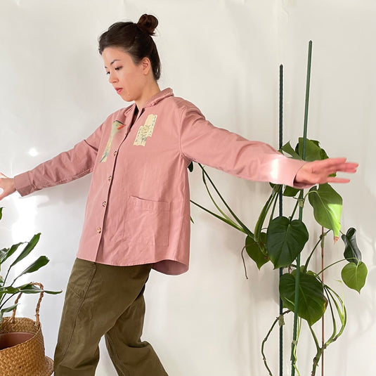 Oaklee - Open Collar Shirt Jacket with Japanese Old Art Print - Old Rose