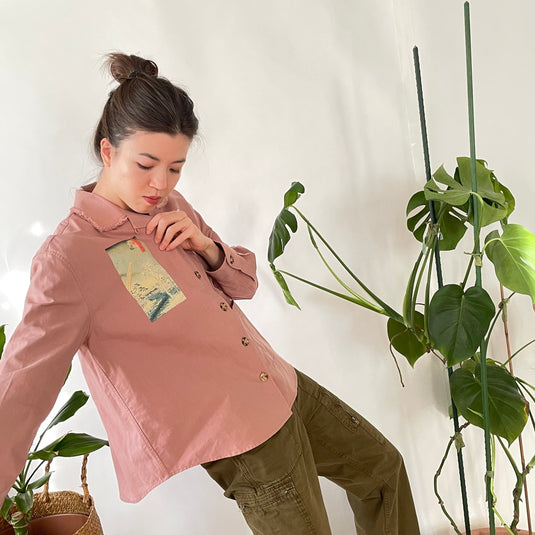 Oaklee - Open Collar Shirt Jacket with Japanese Old Art Print - Old Rose