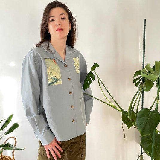 Oaklee - Open Collar Shirt Jacket with Japanese Old Art Print - Steel Blue