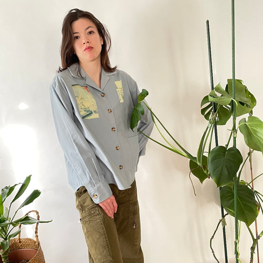 Oaklee - Open Collar Shirt Jacket with Japanese Old Art Print - Steel Blue