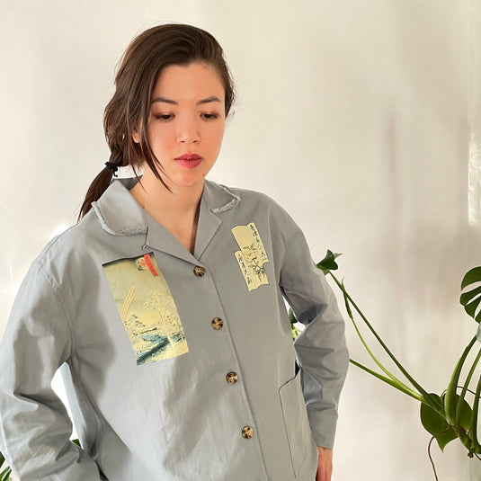 Oaklee - Open Collar Shirt Jacket with Japanese Old Art Print - Steel Blue