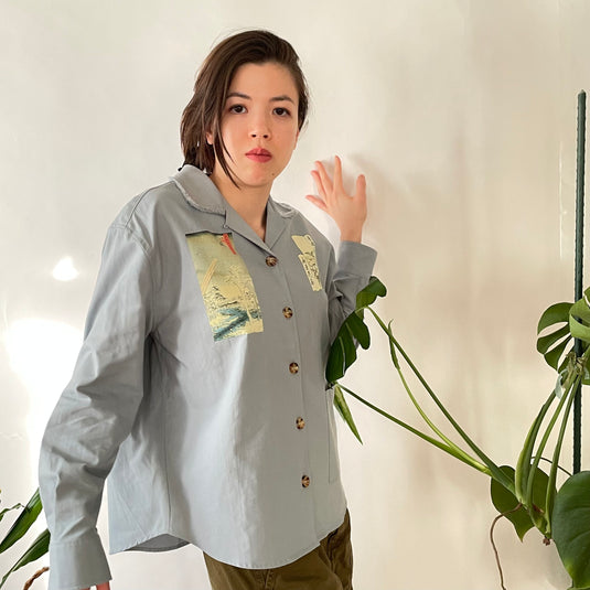 Oaklee - Open Collar Shirt Jacket with Japanese Old Art Print - Steel Blue