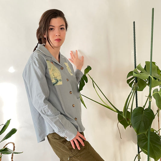 Oaklee - Open Collar Shirt Jacket with Japanese Old Art Print - Steel Blue