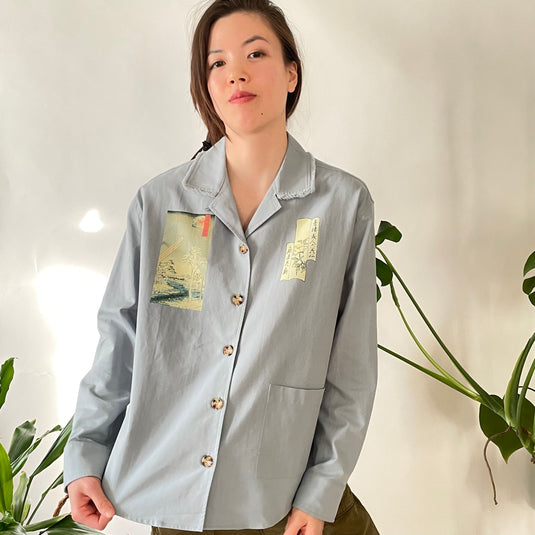 Oaklee - Open Collar Shirt Jacket with Japanese Old Art Print - Steel Blue