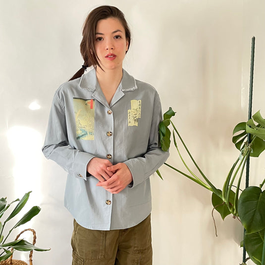 Oaklee - Open Collar Shirt Jacket with Japanese Old Art Print - Steel Blue