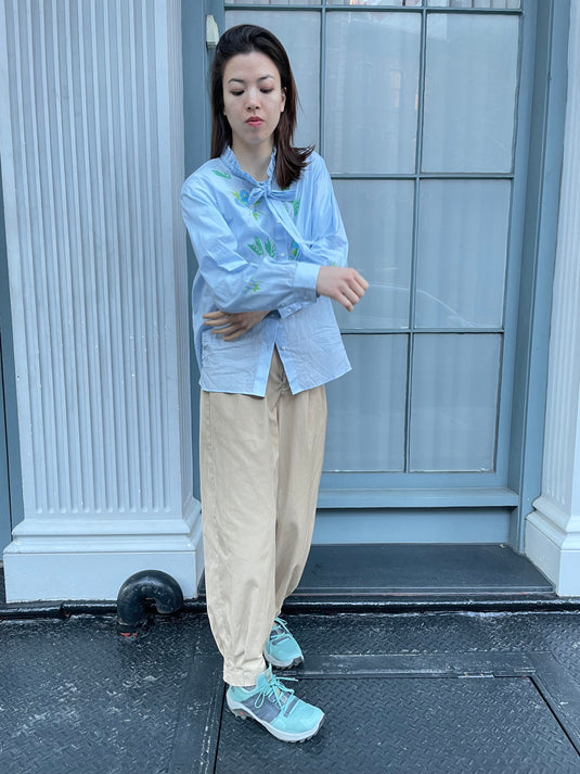 Claire - Ruffle and Ribbon Neck Blouse with Morning Glory Flower Print - Aqua