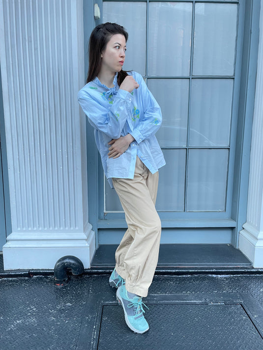 Claire - Ruffle and Ribbon Neck Blouse with Morning Glory Flower Print - Aqua