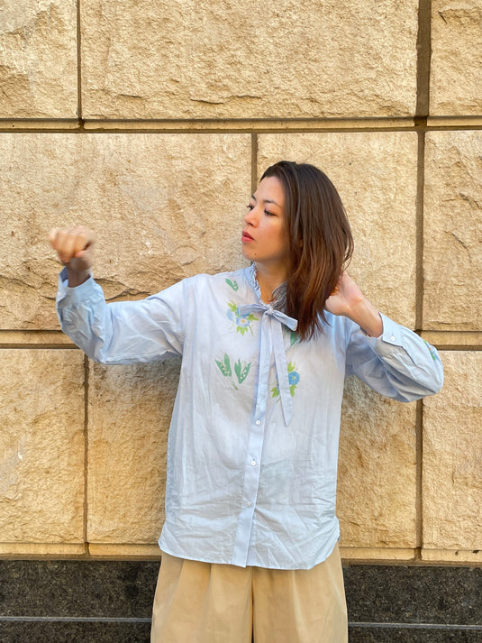 Claire - Ruffle and Ribbon Neck Blouse with Morning Glory Flower Print - Aqua