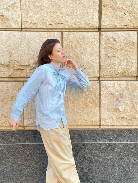 Claire - Ruffle and Ribbon Neck Blouse with Morning Glory Flower Print - Aqua