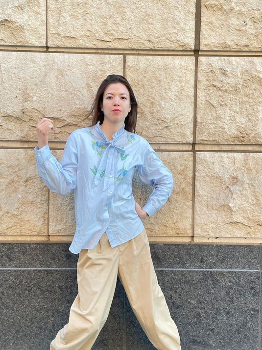 Claire - Ruffle and Ribbon Neck Blouse with Morning Glory Flower Print - Aqua