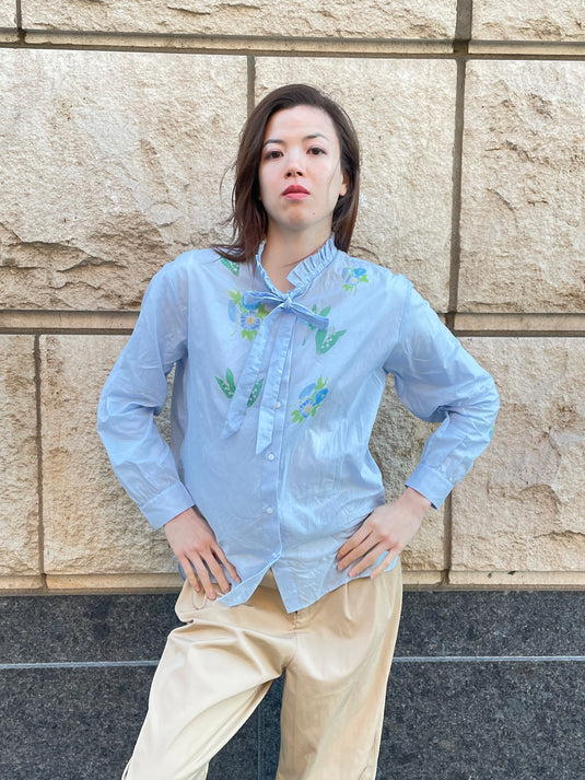 Claire - Ruffle and Ribbon Neck Blouse with Morning Glory Flower Print - Aqua