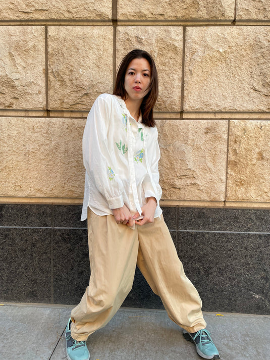 Claire - Ruffle and Ribbon Neck Blouse with Morning Glory Flower Print - White