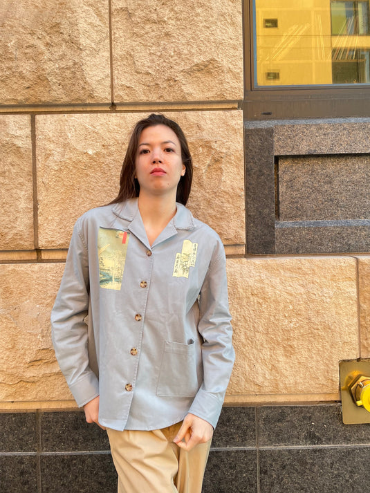 Oaklee - Open Collar Shirt Jacket with Japanese Old Art Print - Steel Blue