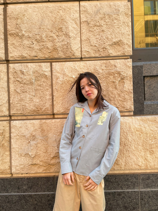 Oaklee - Open Collar Shirt Jacket with Japanese Old Art Print - Steel Blue