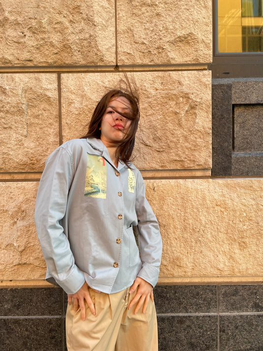 Oaklee - Open Collar Shirt Jacket with Japanese Old Art Print - Steel Blue