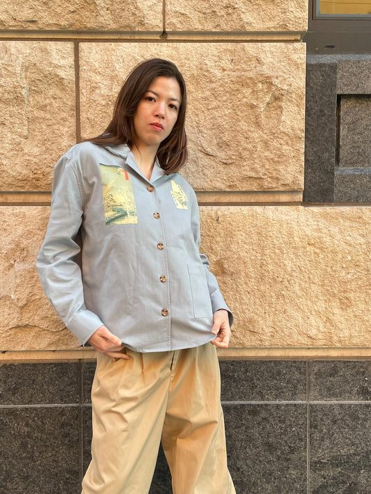 Oaklee - Open Collar Shirt Jacket with Japanese Old Art Print - Steel Blue