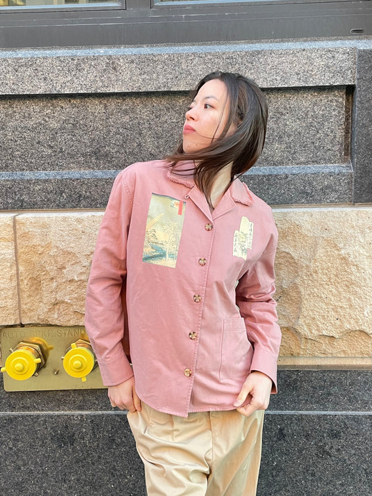 Oaklee - Open Collar Shirt Jacket with Japanese Old Art Print - Old Rose