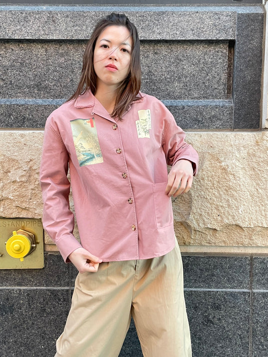 Oaklee - Open Collar Shirt Jacket with Japanese Old Art Print - Old Rose