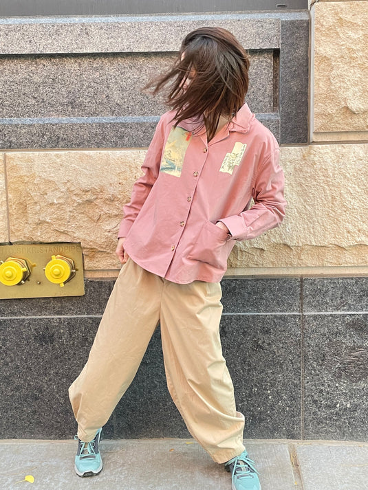 Oaklee - Open Collar Shirt Jacket with Japanese Old Art Print - Old Rose