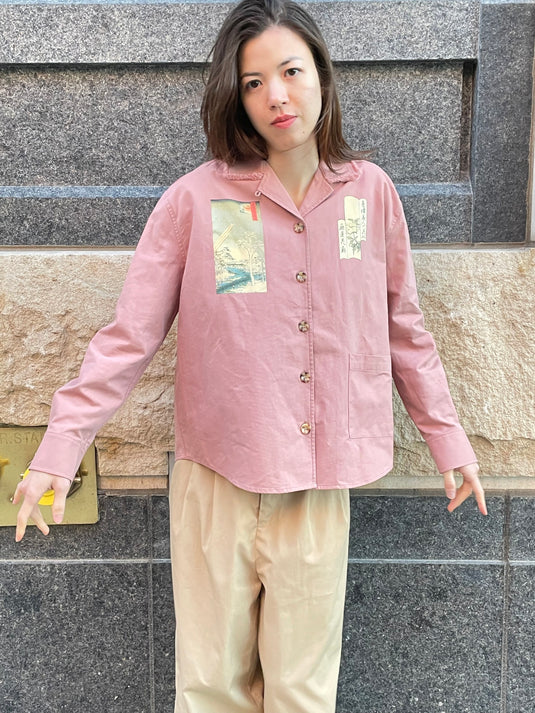Oaklee - Open Collar Shirt Jacket with Japanese Old Art Print - Old Rose