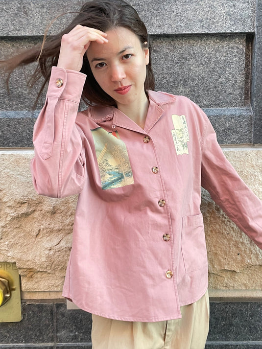 Oaklee - Open Collar Shirt Jacket with Japanese Old Art Print - Old Rose